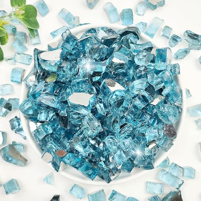 Fire Glass for Propane Fire Pit, 1/2 Inch High Reflective Fireplace Glass Rocks for Fire Pit Table, 10 lbs Fire Pit Glass Rocks for Outdoor Fire Table and Landscaping, Aqua Blue