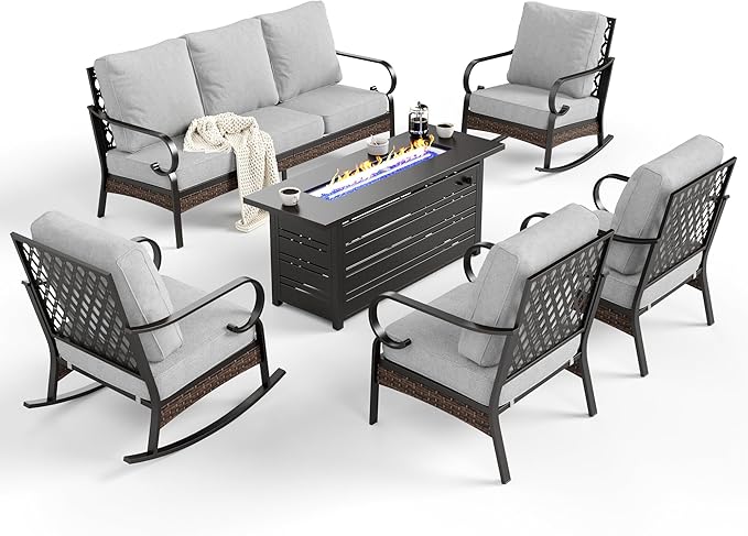 SUNSHINE VALLEY 6 Piece Black Metal Outdoor Patio Furniture Set with Firepit Table, Patio Conversation Sets 1 3-Seater Couch, 2 Sofa, 2 Rocking Sofa with 5.75" Cushion for Backyard Deck, Light Gray