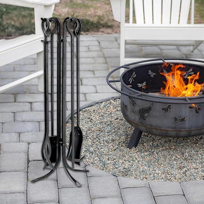 Plow & Hearth 5 Piece Hand Forged Iron Compact Fireplace Tool Set 32.5" | Black Wrought Iron Handle for Outdoor Indoor | Stand Poker Shovel Brush Log Tongs Wood Stove Accessory