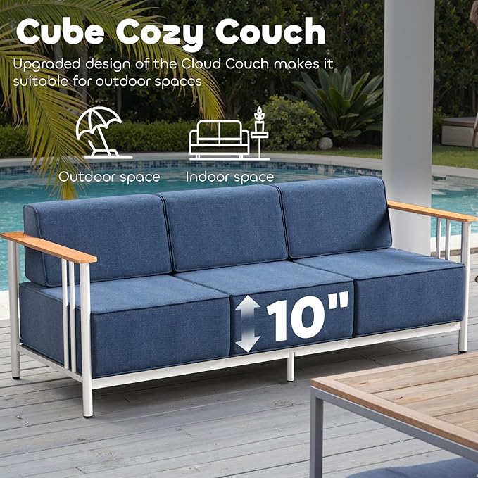 Luxury Patio Furniture Set with 10" Extra Thick Cushions, 4 PCS Outdoor Furniture Set with Patio Chairs & Couch & Coffee Table, Suitable for Porch, Balcony, Deck, Yard, Poolside, White/Blue
