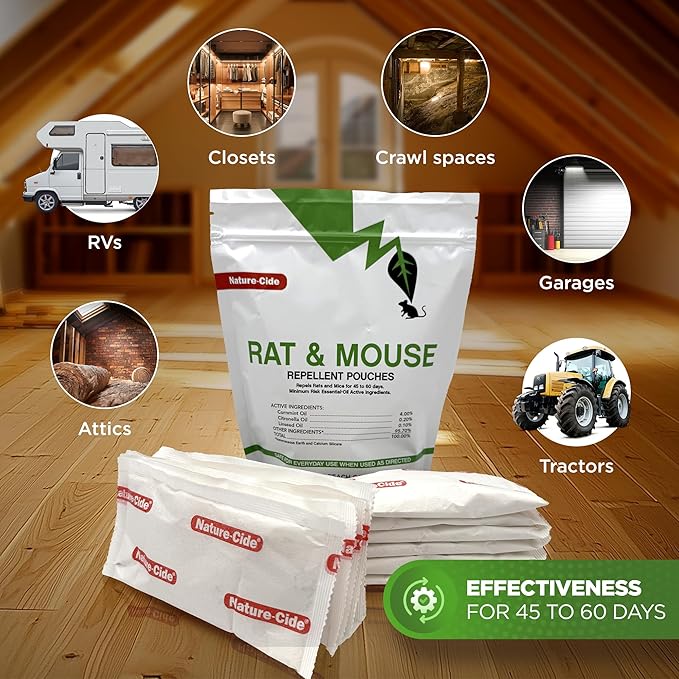 Nature-Cide Rat & Mouse Repellent | Long-Lasting, Plant-Based Pouches | Great Alternative to Moth Balls | 45–60 Day Protection | Mint Scent | Covers 300 Sq. Ft. Total (Pack of 12)