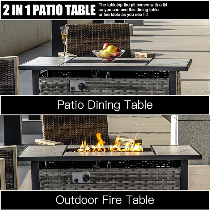 47" Propane Fire Pit Table with Real Ceramic Tabletop & Ratten Side Panel, 50000 BTU Gas Firepit Table with Lid & Lava Stones, Outdoor Fire Pit for Dining or Party, Firepit for Outside, Patio