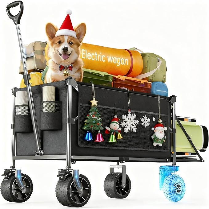 Electric Utility Wagon Cart–330 lb Load, 180 L Foldable Beach Wagon with Remote, 4-Speed, All-Terrain Wheels for Camping, Beach, Garden & Shopping, Black