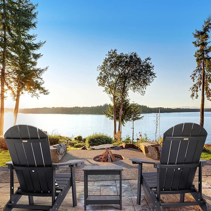 Adirondack Chair, All Weather Resistant Plastic Chairs with Cup Holder, 5 Easy Steps to Install, Outdoor Chairs for Patio, Garden, Backyard Deck, Lawn, Fire Pit - Black