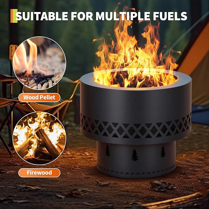 16 Inch Smokeless Fire Pit, Wood Burning Outdoor Fireplace with Removable Ash Pan & Dust Bag - Ideal for Patio BBQ, Bonfire, Camping