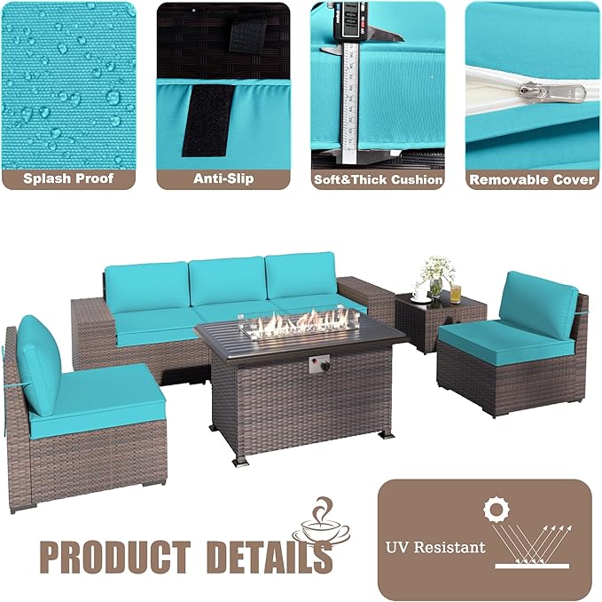 Kurapika 7 Pieces Patio Furniture Set, Rattan Outdoor Conversation Sets w/43in Propane Fire Pit Table and 4 Inch Cushion(Blue)