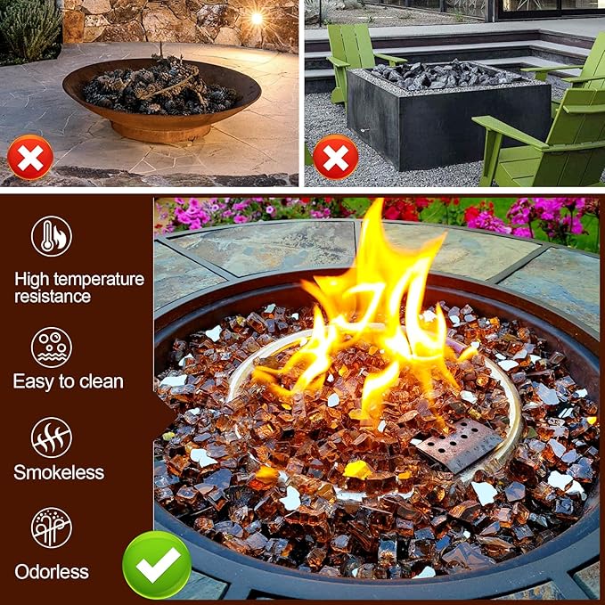 GasSaf 1/2 Inch Fire Glass Reflective Tempered Fireglass Cut Crushed FireGlass for Fire Pit, Fireplace, Replaces Existing Gas Logs & Lava Rocks (20 Pound)(Amber Reflective).
