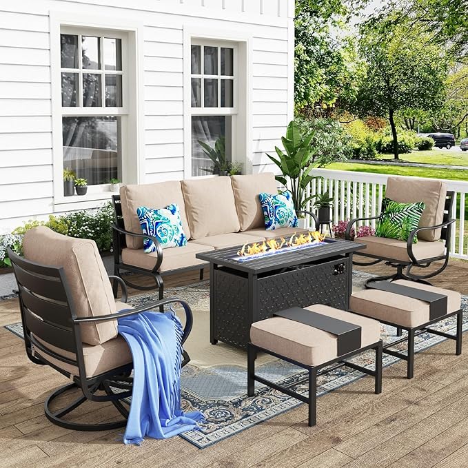 MFSTUDIO 6 Pieces Patio Furniture Sets with 45" Gas Fire Pit Table(Up to 7 Seat),Outdoor Metal Conversation Sofas with 1 x 3-Seat Sofa, 2 Swivel Chairs and 2 Ottoman,Beige Cushion