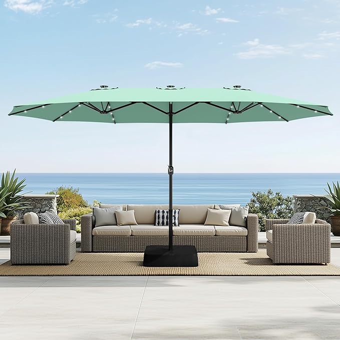 Sophia & William 15 ft Extra Large Patio Umbrella with Solar Lights, Rectangular Outdoor Umbrella with Base Included, Market Umbrella Double-sided Heavy Duty for Pool Garden Backyard, Mint