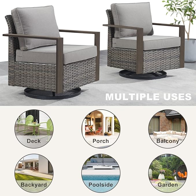 Rilyson Outdoor Wicker Patio Furniture Set - 4 Piece Patio Conversation Set with 2 Wicker Swivel Rocker Chairs,2 Rattan Ottoman, Thick Cushions, Deep Seating, Wide Armrest(Mixed Grey/Grey)