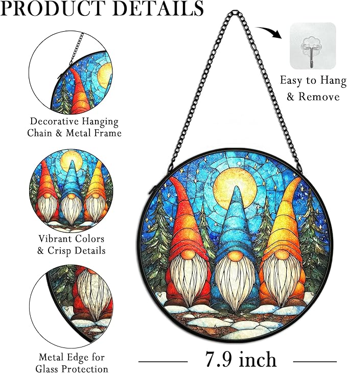 cvjutf Winter Gnome Suncatcher Stained Glass Window Hanging Decor, Xmas Gnomes Christmas Stained Glass Wall Decorations Gifts for Women, Holiday Garden Sun Catchers Indoor Window Wall Art, 7.9x7.9In