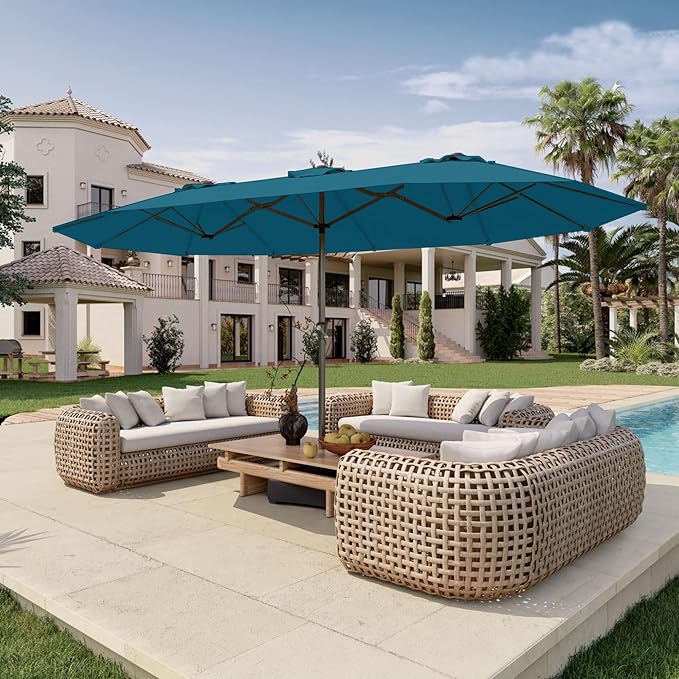 15FT Double Sided Patio Umbrella with Base Included Large Outdoor Market Umbrella with Crank Handle, UV Resistant Canopy, Sturdy Frame for Garden, Poolside, Deck, Lake Blue