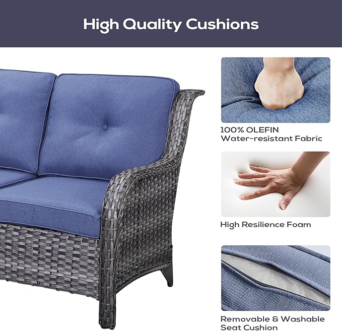 Belord Outdoor Furniture Sectional Sofa L Shaped Couch - Patio Wicker Set with 2 Swivel Glider Chairs, 5 Piece Rattan Patio Conversation Sets with Blue Cushion for Deck Backyard Sunroom