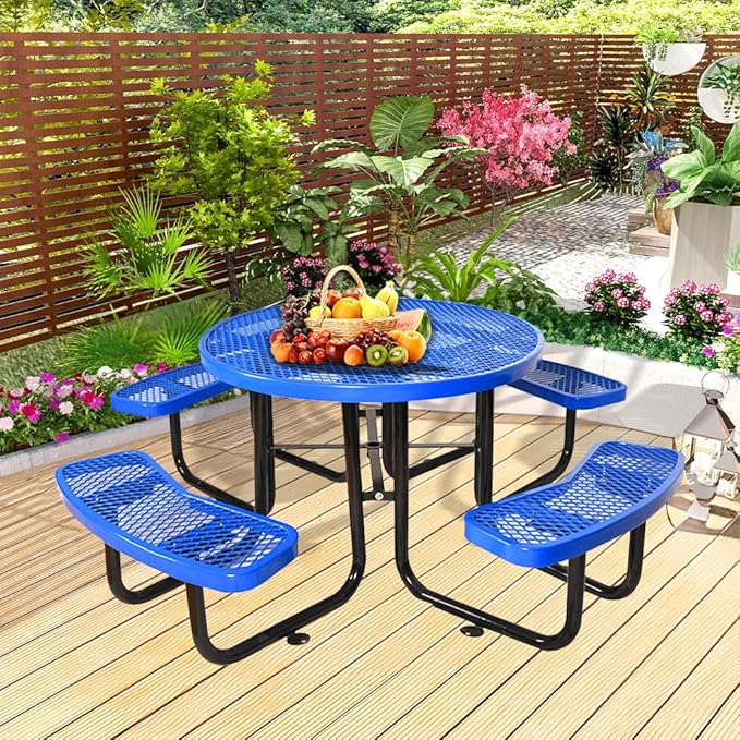 Rueekfil 46" Thermoplastic Picnic Table with Umbrella Hole up to 1.5", Heavy Duty Commercial Picnic Table for Outdoor, Family & Party Ready for School Camping, Round, Blue