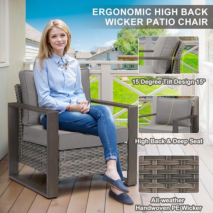 Belord Full 4 Pieces Patio Furniture Set with 41” Propane Fire Pit Table, Outdoor Conversation Set with Patio Chairs Set of 2 and Rattan Sofa for Deck Backyard