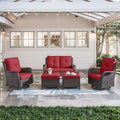Belord 5 Piece Outdoor Patio Furniture Set - Wicker Furniture Patio Conversation Set, Outdoor Swivel Rocker Chairs with Loveseat Sofa and 2 Ottomans for Small Space, Red Cushion