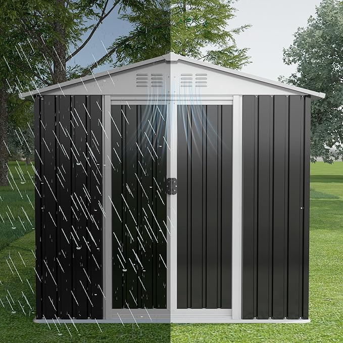 Outdoor Sheds 6FT x 4FT Outdoor Storage, Metal Anti-Corrosion Utility Tool House with Lockable Door & Shutter Vents，Outdoor Waterproof Garden Tool Metal Storage Sheds（Grey）