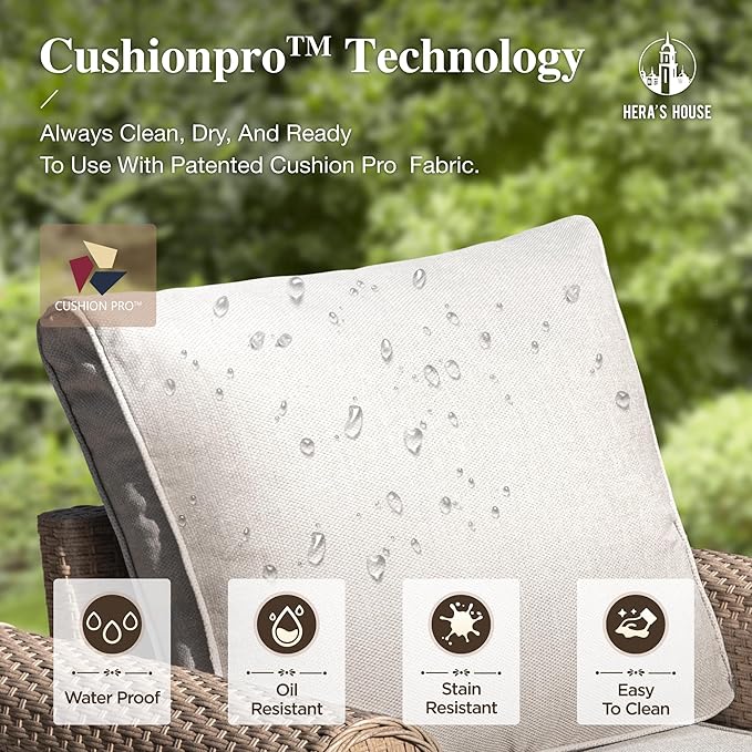 HERA'S HOUSE 6-Piece Patio Furniture Set, All Weather 7 Seats Outdoor Wicker Sofa with 57" Fire Pit Table, 5.5" Thick Waterproof Cushion Conversation Couch Set for Garden Deck Backyard, Beige