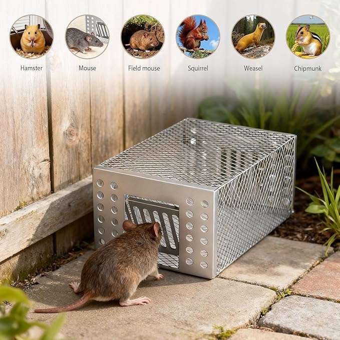 2026 Upgraded Stainless Steel Automatic Mouse Trap, Easy Setup for Indoor and Outdoor Use, Humane No-Kill Live Trap with One-Way Door, Catch & Release for Mice and Rodents (3)