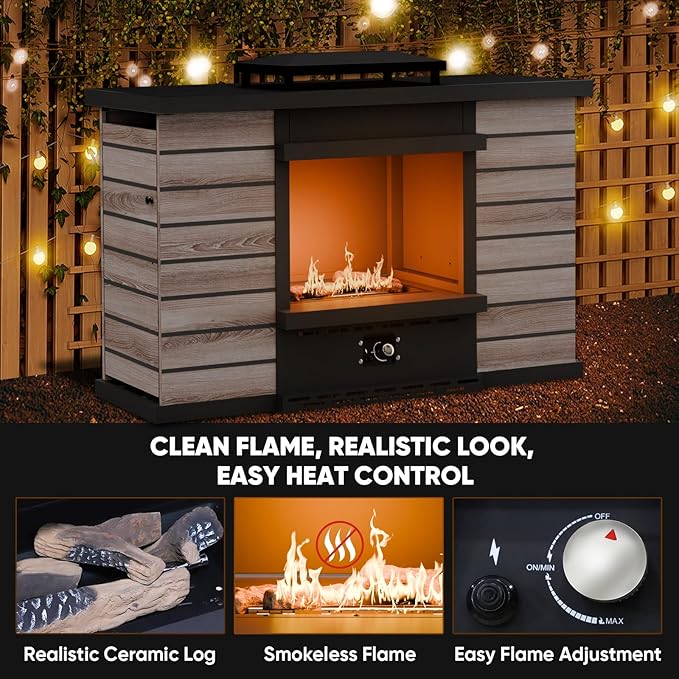 EAGLE PEAK Outdoor Propane Fireplace 50,000 BTU Ventless Gas Fireplace with Hidden Storage & Adjustable Flame, Patio Heater for Decks Backyards, Gray/Tan