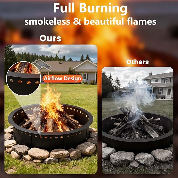 36 Inch Fire Pit Ring Smokeless, 40'' Outer Wood Burning Bonfire, Heavy Duty Solid Steel Round Fireplace, Rust-Proof, DIY Campfire Ring, Outdoor Above or In-Ground, for Patio, Camping, Yard