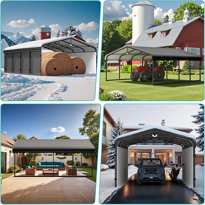 20x20 Metal Carport, Heavy Duty 2-Car Carport Canopy, Galvanized Steel Roof Car Tent Garage, CarPorts with Removable Polyethylene Sidewalls