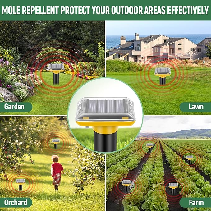 Mole Repellent Solar Powered,2025 Upgraded Gopher Repellent Ultrasonic Solar Powered,Vole Repeller Outdoor for Lawns Garden Yard,Gopher Trap Killer for Mole,Snake (Yellow,2 Pack)