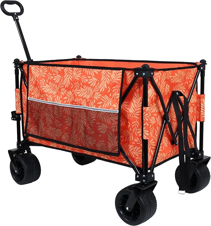 Collapsible Foldable Extended Wagon with 480lbs Weight Capacity, Heavy Duty Folding Utility Garden Cart with Big All-Terrain Beach Wheels & Drink Holders,Side Pocket and Brakes for Camping Sports