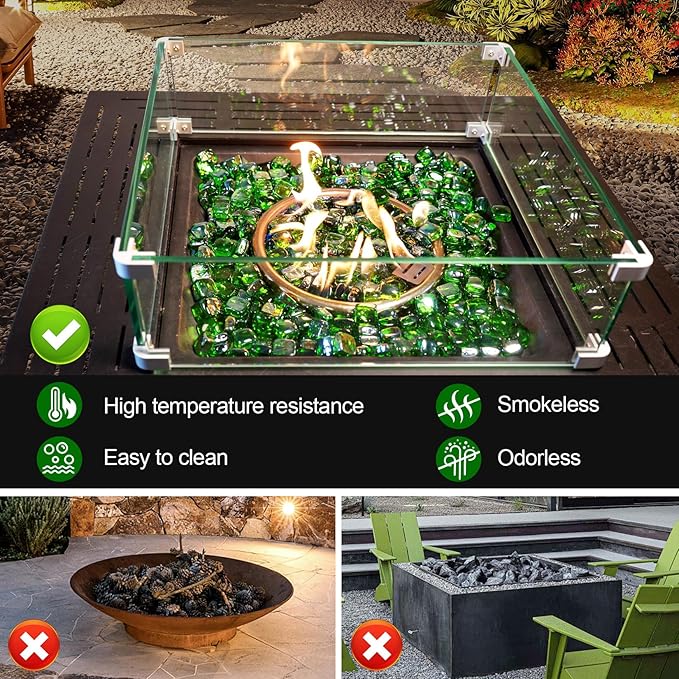 GasSaf Green Fire Glass Cubes for Outdoor Fire Pit, Fireplace, Replaces Existing Gas Logs & Lava Rocks, 1 Inch Glass(10 Pound)(Green Luster)