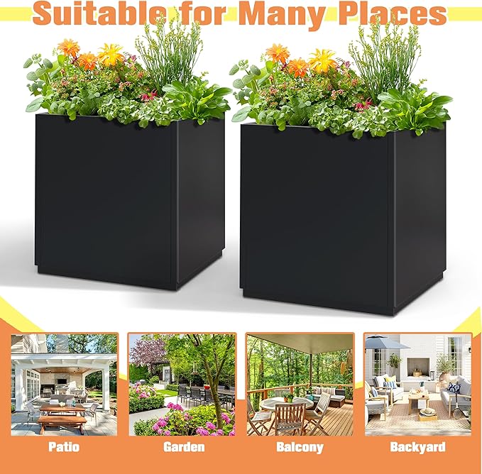 Large Metal Planter for Indoor & Outdoor, Square Planter Boxes with Drainage Holes, Tall Divider Planter Box All-Weather Use for Plants, Flowers, 17" L x 17" W x 18" H, Black