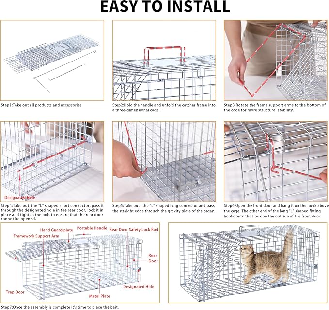 32" Live Animal Traps,Humane Animal Trap for Stray Cats up to 16.5 pounds, Raccoons, Squirrel, Skunk, Mole, Groundhog, Armadillo, Rabbit,Steel Foldable with Pedal Triggers