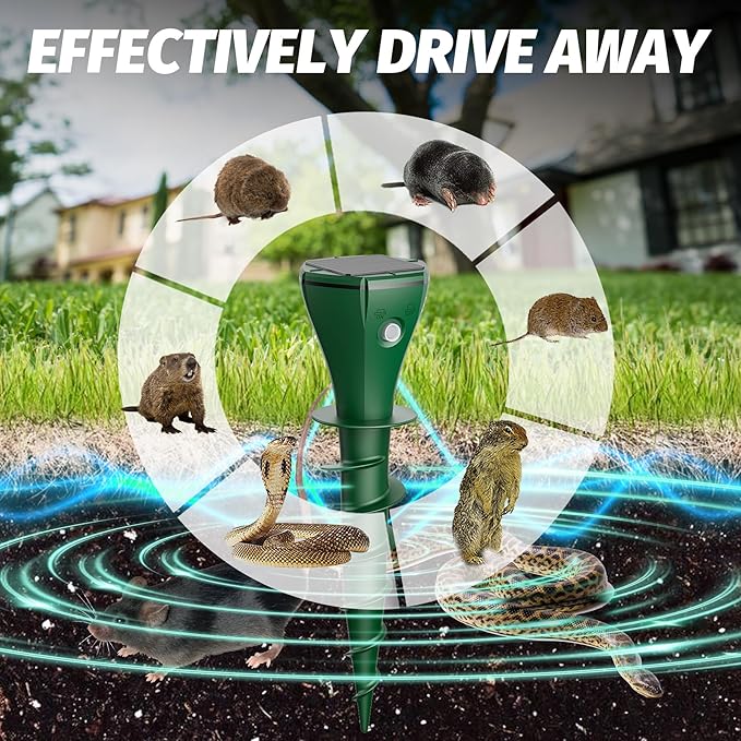 8 Packs Mole Repeller for Lawns，Solar Powered Vole Repellent Ultrasonic Pest Control Stake, Waterproof Sonic Pulse Deterrent for Gopher Vole Snake in Lawn, Garden & Yard