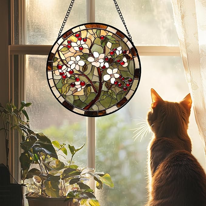 CRIS GIF Stained Glass Window Hanging - Hawthorn Tree Birth Flowers Suncatcher for Doors Garden Patio Sun Catchers Decor Christmas Mother's Day Birthday Gifts for Women Men Mom Nana Friend 11.8 in