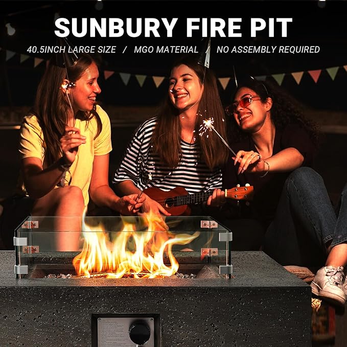 SUNBURY Outdoor Travertine Fire Pit Table, Propane Burning FirePit, 35 inch Square Patio Fire Table 50,000 BTU Fire Pit for Outside with Waterproof Cover, Light Gray