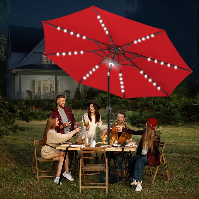 FLAME&SHADE 10 ft Solar Powered Outdoor Market Patio Table Umbrella with LED Lights and Tilt, Red
