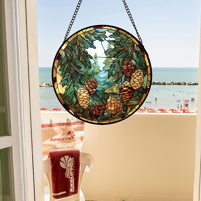QZQCBLC Stained Glass Window Hanging Forest Pine Cone Landscape Large 15" - Green Suncatcher Door Terrace Garden Sun Catcher Home Decor Birthday Christmas for Mom Men Woman Wife