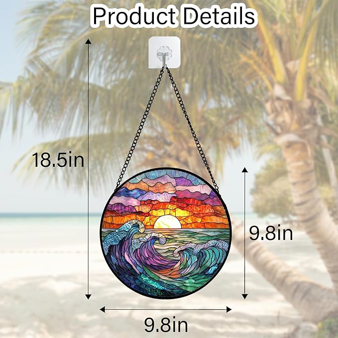 DASTOLL Stained Glass Window Hanging, Clouds and Sea Waves Suncatcher Diamond Glass Panel Hangings Scenery Sun Catchers Decor for Birthday for Women, Men, Wife, Aunt, and Mom 9.8 in