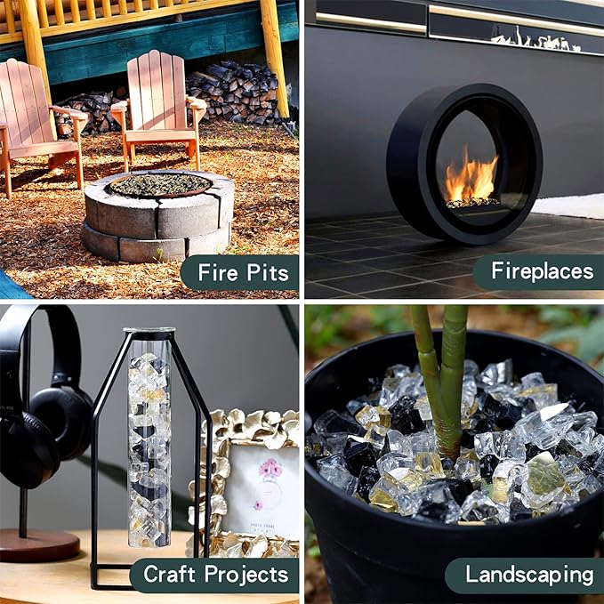 Onlyfire 10 Pounds Blended Reflective Fire Glass for Fire Pit Fireplace and Landscaping, 1/2 Inch Mixed Colored High Luster Fireglass Rocks for Outdoor and Indoor Use - Onyx Black+Platinum+Gold