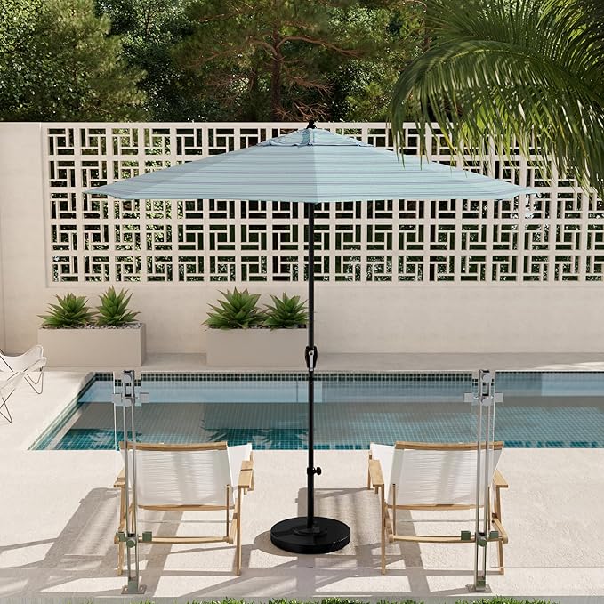 California Umbrella 9' Rd Aluminum Patio Umbrella, Crank Lift, Auto Tilt, Black Finish, Sunbrella Dolce Oasis