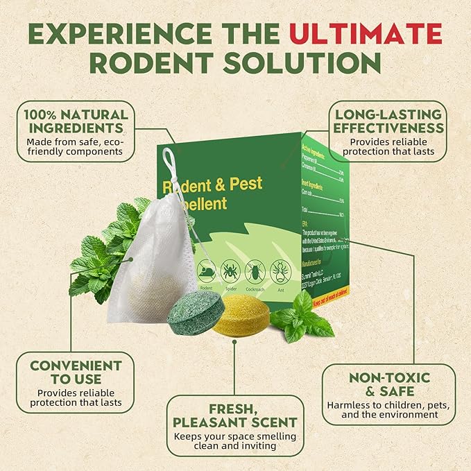 Natural Peppermint Mice Repellent - Effective Mouse Deterrent for Home, Car, Garage, and Garden - Safe, Eco-Friendly, Long-Lasting Protection,40 Pack