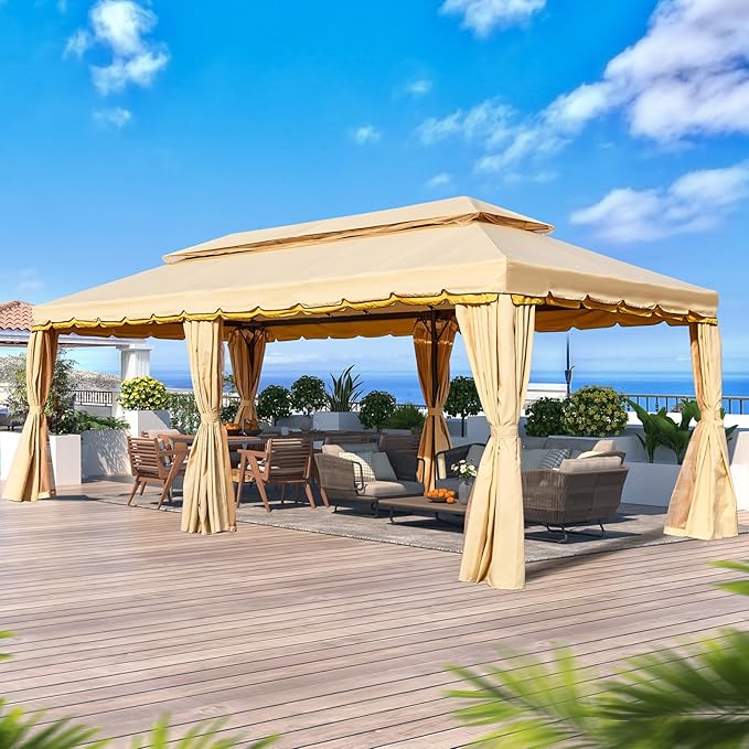 MELLCOM 10x20 Kahaki Outdoor Canopy Gazebo, Double Roof Patio Pergolas Steel Frame with Netting and Shade Curtains for Garden,Patio,Party Canopy