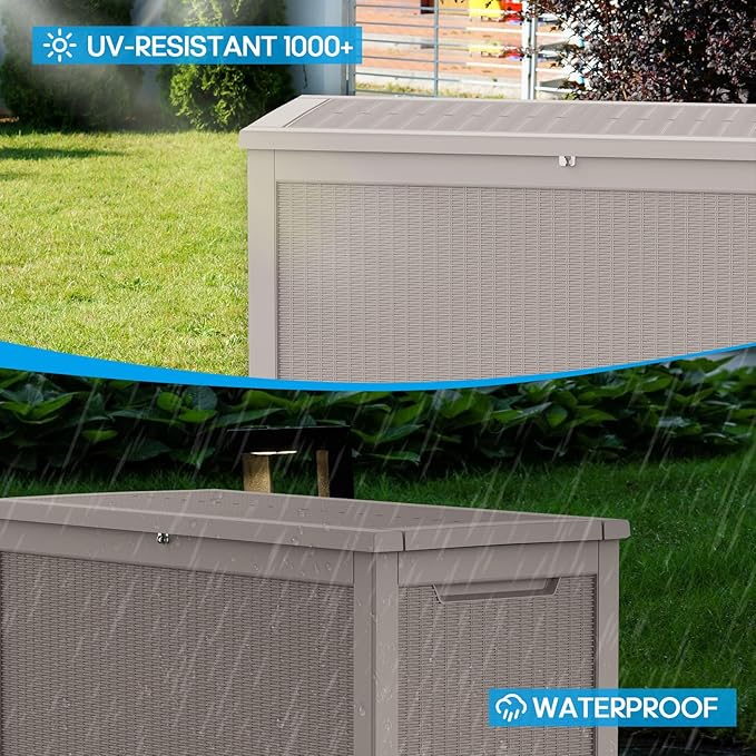 Vixzen 320 Gallon Resin Deck Box, Lockable Outdoor Storage Box for Patio Cushions Storage Furniture,Garden Tools, Pool Supplies, Weatherproof and UV Resistant- Grey