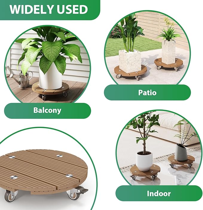 mondaria 2 Pack Plant Caddy with Wheels, 13.8" Wood Plastic Composite Plant Stand, Heavy Duty Round Plant Dolly with Metal 360° Lockable Caster Wheels for Large Plant Pots, Flower Pot ,Brown