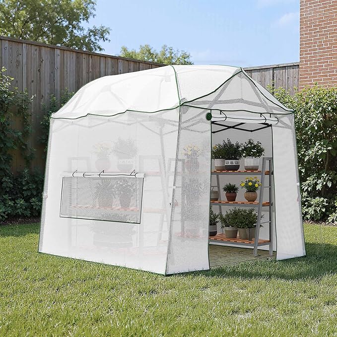 8.5 x 7 ft Walk-in Greenhouse, Portable Pop-up Green House 3 Adjustable Hights Heavy Duty Plant Gardening Canopy with Durable PE Cover for Indoor Outdoor (Clear and White)
