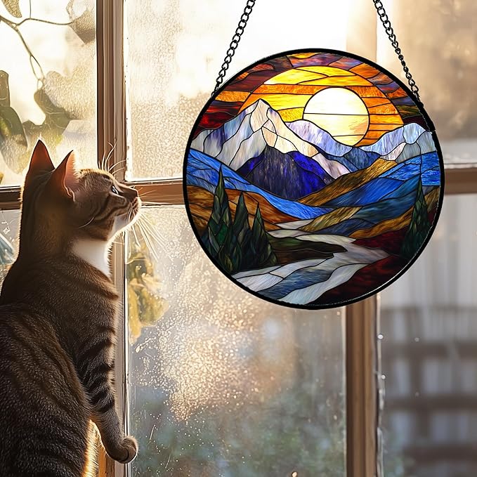 AMDERVEN Stained Glass Window Hanging, Yellow Blue Sunset Mountains Scenery Sun Catcher for Window Home Decor Landscape Suncatcher Mother's Day Birthday Gifts for Women Men Mom and Nana 9.8 in