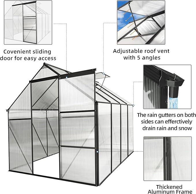 6×8 FT Black Polycarbonate Walk-in Greenhouse for Outdoor Backyard, Heavy-Duty Aluminum Frame with Sliding Door, Gutter System & Adjustable Roof Vent, Green House for Winter Gardening