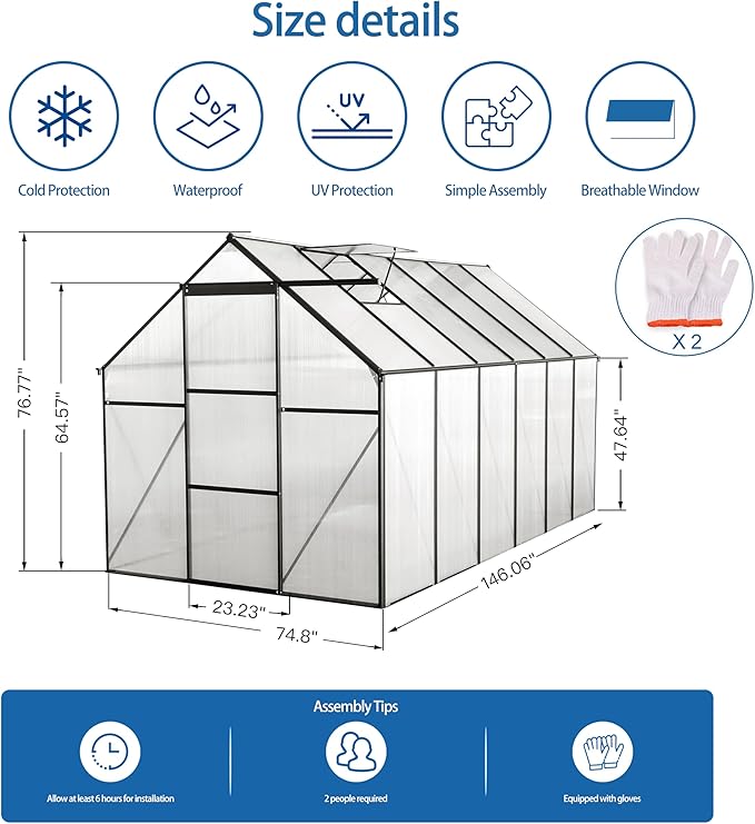 6×12 FT Black Polycarbonate Greenhouse for Outdoors with Heavy-Duty Aluminum Frame, Walk-in Green House Kit with Raised Base, Sliding Door & Adjustable Roof Vent, Large Outdoor Greenhouse