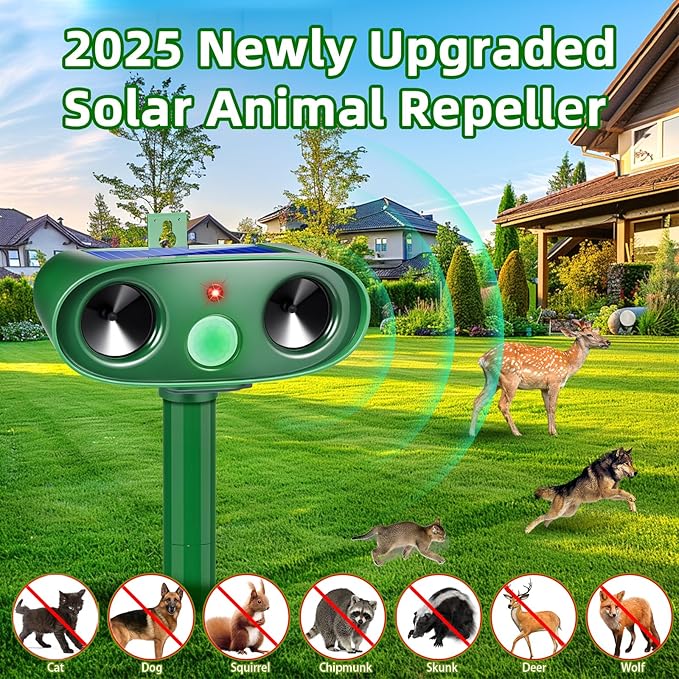 2 Pack Solar Ultrasonic Cat Repellent Outdoor, Waterproof Solar Animal Repellent for Garden, Ultrasonic Deer Deterrent Devices for Yard Lawn to Scare Rabbit, Dog, Squirre, Raccoon, Skunk (2)