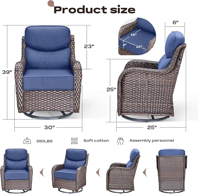 Rilyson Outdoor Patio Swivel Rocker Chairs Set of 2, Waterproof Wicker, High Back, Deep Seating, Wide Armrest, Upgraded 6 inch Thick Cushions, Ideal for Deck Porch Backyard, Brown/Blue
