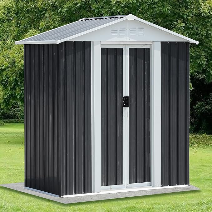 5x3 FT Outdoor Storage Shed with Base,Tool Shed with Sloped Roof and Sliding Door,All Weather Resistant Metal Shed for Backyard Garden Patio Lawn,Grey